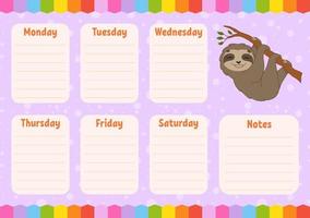 School schedule. Timetable for kids. Empty template. Weekly planer with notes. Isolated color vector illustration. Funny character. Cartoon style.