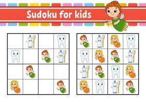 Sudoku for kids. Education developing worksheet. Activity page with pictures. Puzzle game for children. Logical thinking training. Isolated vector illustration. Funny character. Cartoon style.