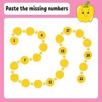 Paste the missing numbers. Handwriting practice. Learning numbers for kids. Education developing worksheet. Activity page. Game for children. Isolated vector illustration in cute cartoon style.