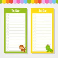 To do list for kids. Empty template. Isolated color vector illustration. Funny character. Cartoon style. For the diary, notebook, bookmark.