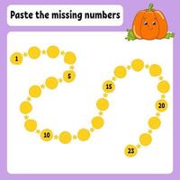 Paste the missing numbers. Handwriting practice. Learning numbers for kids. Education developing worksheet. Activity page. Game for children. Isolated vector illustration in cute cartoon style.