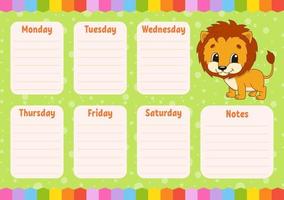 School schedule. Timetable for kids. Empty template. Weekly planer with notes. Isolated color vector illustration. Funny character. Cartoon style.