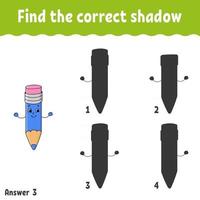 Find the correct shadow. Education developing worksheet. Matching game for kids. Activity page. Puzzle for children. Riddle for preschool. Cute character. Isolated vector illustration. Cartoon style.