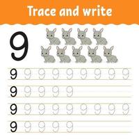 Trace and write. Handwriting practice. Learning numbers for kids. Education developing worksheet. Activity page. Game for toddlers and preschoolers. Isolated vector illustration in cute cartoon style.