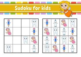 sudoku para niños. hoja de trabajo de desarrollo educativo. página de actividades con imágenes. juego de rompecabezas para niños. entrenamiento del pensamiento lógico. ilustración vectorial aislada. personaje divertido. estilo de dibujos animados. vector