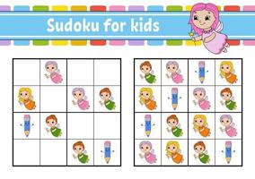 Sudoku for kids. Education developing worksheet. Activity page with pictures. Puzzle game for children. Logical thinking training. Isolated vector illustration. Funny character. Cartoon style.