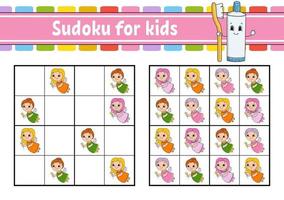 Sudoku for kids. Education developing worksheet. Activity page with pictures. Puzzle game for children. Logical thinking training. Isolated vector illustration. Funny character. Cartoon style.