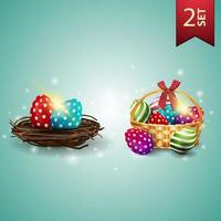 conjunto de iconos de pascua, huevos de pascua en el nido y canasta con huevos de pascua vector