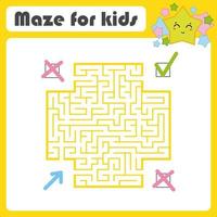 Square color maze. Kids worksheets. Activity page. Game puzzle. Find the right path from the blue arrow to the green check mark. Cute cartoon star. Vector illustration. With place for your image.