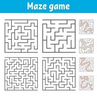 A set of square mazes of various levels of difficulty. Puzzle for children. One entrances, one exit. Labyrinth conundrum. Flat vector illustration isolated on white background. With answer.