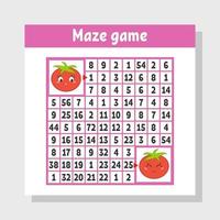 Mathematical colored square maze. Help one tomato get to another. Game for kids. Puzzle for children. The study of numbers. Labyrinth conundrum. Flat vector illustration isolated on white background.