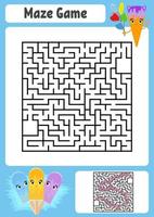 Abstract square maze. Kids worksheets. Game puzzle for children. Cute ice cream. One entrances, one exit. Labyrinth conundrum. Vector illustration. With answer.