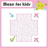 Square color maze. Kids worksheets. Activity page. Game puzzle. Find the right path from the blue arrow to the green check mark. Cute cartoon star. Vector illustration. With place for your image.