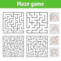 A set of square mazes of various levels of difficulty. Puzzle for children. One entrances, one exit. Labyrinth conundrum. Flat vector illustration isolated on white background. With answer.