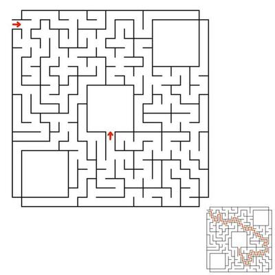 Abstract square maze. Game for kids. Puzzle for children. Labyrinth conundrum. Flat vector illustration isolated on white background. With answer. With place for your image.