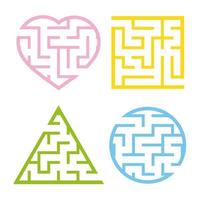 A set of colored light mazes. Circle, square, triangle, heart. Game for kids. Puzzle for children. One entrances, one exit. Labyrinth conundrum. Flat vector illustration isolated on white background.