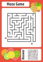 Abstract square maze. Kids worksheets. Activity page. Game puzzle for children. Cute cartoon tropical fruits. Labyrinth conundrum. Vector illustration. With answer.