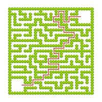 Square labyrinth of garden bushes. Game for kids. Puzzle for children. One entrance, one exit. Labyrinth conundrum. Flat vector illustration. With answer. With place for your image.