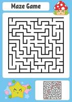 Abstract square maze. Kids worksheets. Game puzzle for children. Cute star and mushroom. One entrances, one exit. Labyrinth conundrum. Vector illustration. With answer.