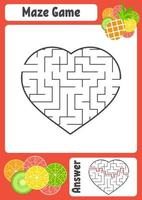 laberinto en forma de corazón. hojas de trabajo para niños. página de actividad. juego de rompecabezas para niños. apetitosas frutas tropicales. enigma del laberinto. ilustración vectorial. con respuesta. vector