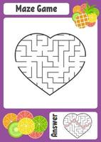 Maze in the shape of a heart. Kids worksheets. Activity page. Game puzzle for children. Appetizing tropical fruits. Labyrinth conundrum. Vector illustration. With answer.