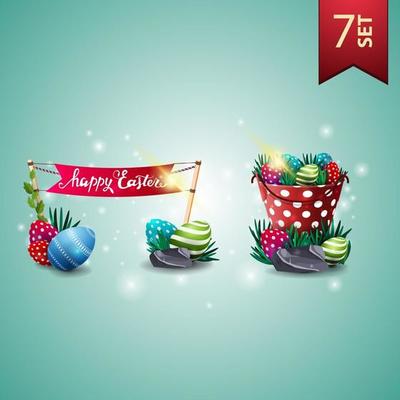 Set of Easter icons, Easter eggs and flag and bucket with Easter eggs