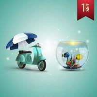 Set of 3D volumetric summer icons for your arts, scooter with a beach umbrella and round aquarium with fish vector