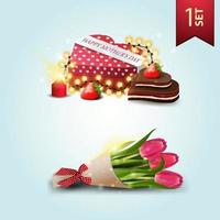 Set of icons for Mother's day, gift in the shape of a heart and bouquet of tulips vector