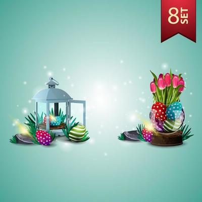 Set of Easter icons, antique lantern with Easter eggs and vase with Easter eggs and tulips