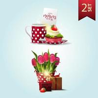 Set of icons for Mother's day, cup of tea with cupcake, bucket with tulips and gift vector