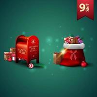 conjunto de iconos 3d de navidad, bolsa de santa claus con regalos y buzón de santa con regalos vector