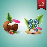 Set of 3D volumetric summer icons for your arts, strawberry cocktail in coconut, flip flops, pearl and palm leaves vector