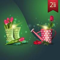 Set of icons for spring celebrations, tulips in women's rubber boots and rose in the watering can vector