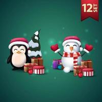 Set of Christmas 3D icons, penguin in Santa Claus hat with presents and snowman in Santa Claus hat with gifts vector