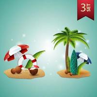 Set of 3D volumetric summer icons for your arts, coconut cocktail, beach umbrella, lifeline, palm, coconuts, beach umbrella and surf Board vector