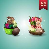 Set of Easter icons, Easter cake, Easter Bunny and tulips vector
