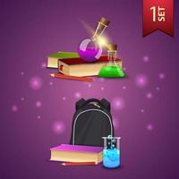 Set of back to school 3D icons, books, chemical flasks and school backpack vector