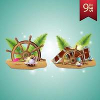 Set of summer 3D icons, steering wheel of the ship in the sand, palm leaves, pearl, treasure chest, ship steering wheel, palm leaves, gems and pearls vector