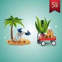 Set of 3D volumetric summer icons for your arts, palm tree, beach chair, beach umbrella, garden cart with sand, sand castle and potted palm vector