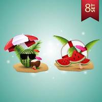 Set of summer 3D icons, watermelon in glasses under a beach umbrella, watermelon slices, palm leaves and lifeline vector