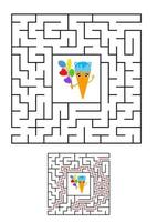 Abstract square maze. Kids worksheets. Game puzzle for children. Cute ice cream on a white background. One entrances, one exit. Labyrinth conundrum. Vector illustration. With the answer.