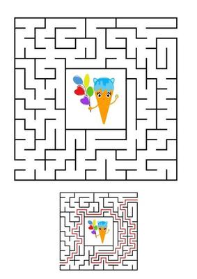 Abstract square maze. Kids worksheets. Game puzzle for children. Cute ice cream on a white background. One entrances, one exit. Labyrinth conundrum. Vector illustration. With the answer.