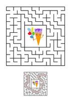 Abstract square maze. Kids worksheets. Game puzzle for children. Cute ice cream on a white background. One entrances, one exit. Labyrinth conundrum. Vector illustration. With the answer.