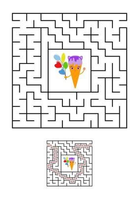 Abstract square maze. Kids worksheets. Game puzzle for children. Cute ice cream on a white background. One entrances, one exit. Labyrinth conundrum. Vector illustration. With the answer.