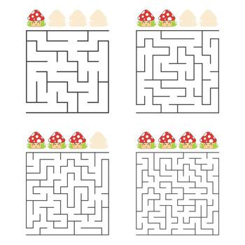un conjunto de laberintos cuadrados. cuatro niveles de dificultad. setas lindas. juego para niños. una entrada, una salida. enigma del laberinto. Ilustración de vector plano aislado sobre fondo blanco.