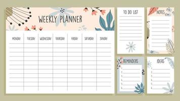 Tropical weekly planner template and set of paper notes, with hand drawn illustrations