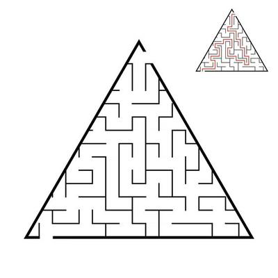 Abstract triangular labyrinth. Game for kids. Puzzle for children. One entrance, one exit. Labyrinth conundrum. Flat vector illustration isolated on white background. With answer.