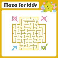 Square color maze. Kids worksheets. Activity page. Game puzzle. Find the right path from the blue arrow to the green check mark. Cute cartoon star. Vector illustration. With place for your image.