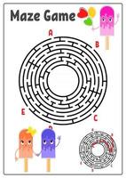 Abstract round maze. Kids worksheets. Activity page. Game puzzle for children. Cute cartoon ice cream. Labyrinth conundrum. Vector illustration. With answer. With space for your image