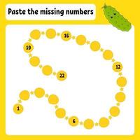 Paste the missing numbers. Handwriting practice. Learning numbers for kids. Education developing worksheet. Activity page. Game for children. Isolated vector illustration in cute cartoon style.